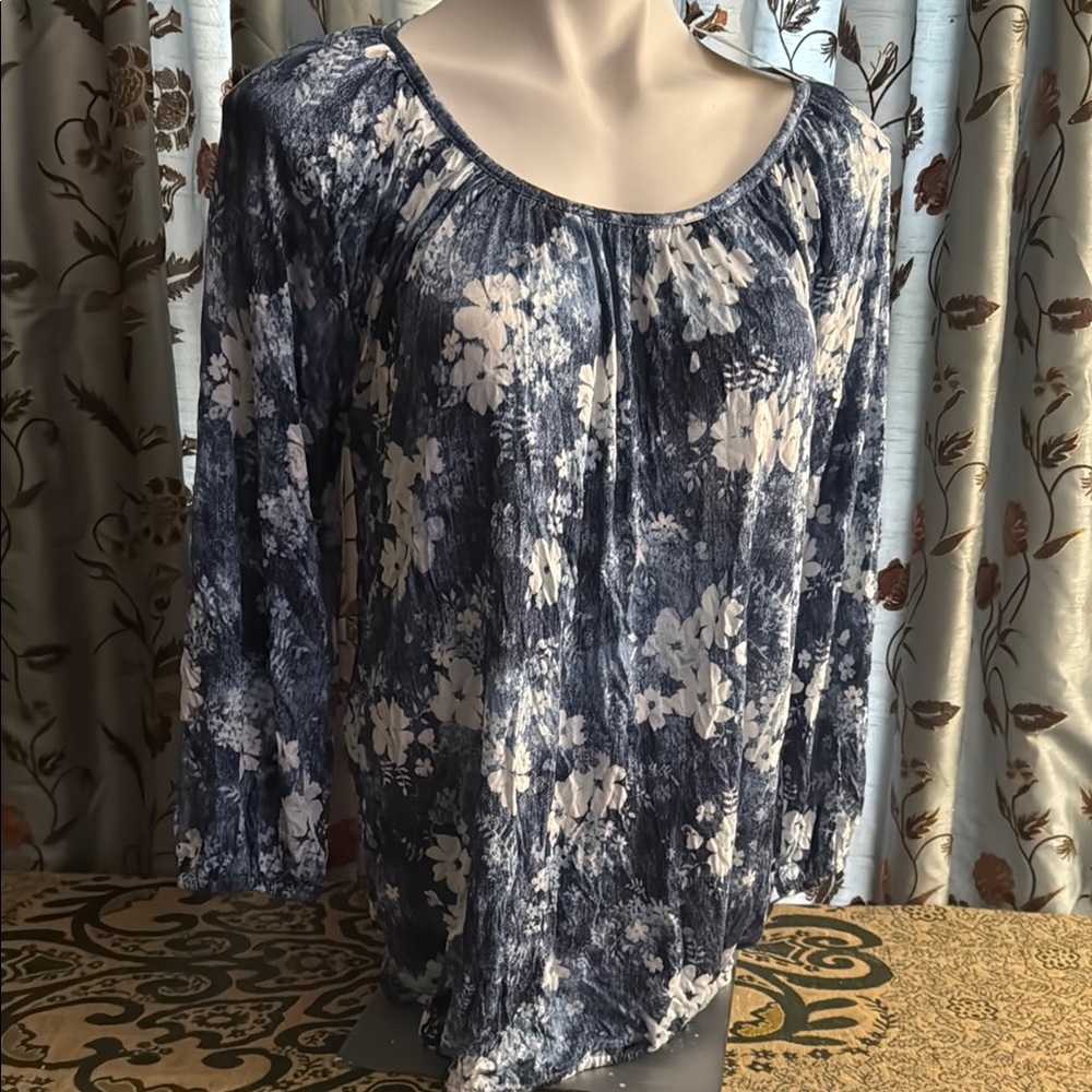 MICHAEL Michael Kors Blue and White Ruched Blouse
